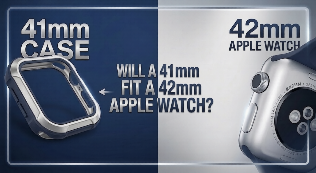 "Will a 41mm case fit a 42mm Apple Watch - visual comparison."