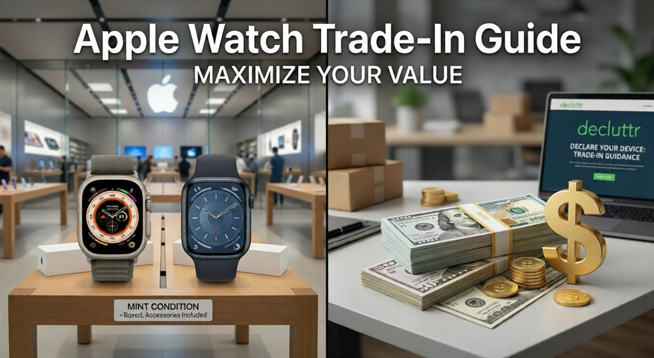 Comparison of Apple Watch Ultra 2 and Series 9 trade-in values with cash and store credit icons.