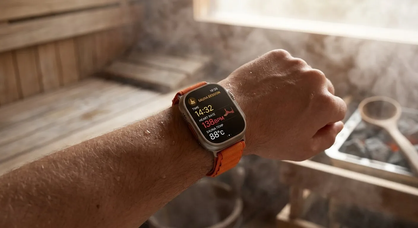Apple Watch Ultra 2 on a wrist inside a modern dry sauna environment.