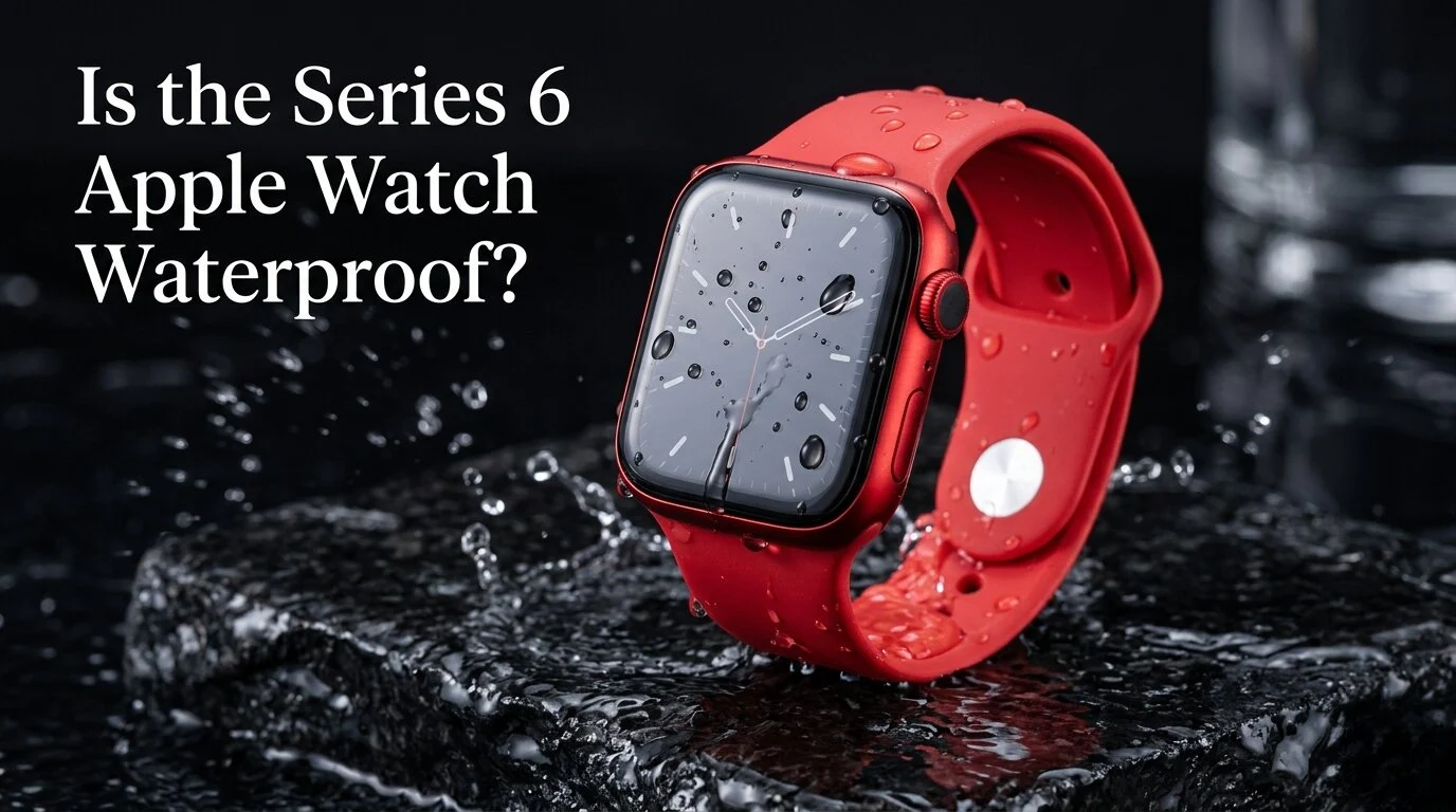Close-up of Apple Watch Series 6 with water droplets on the screen, illustrating its WR50 water resistance rating.