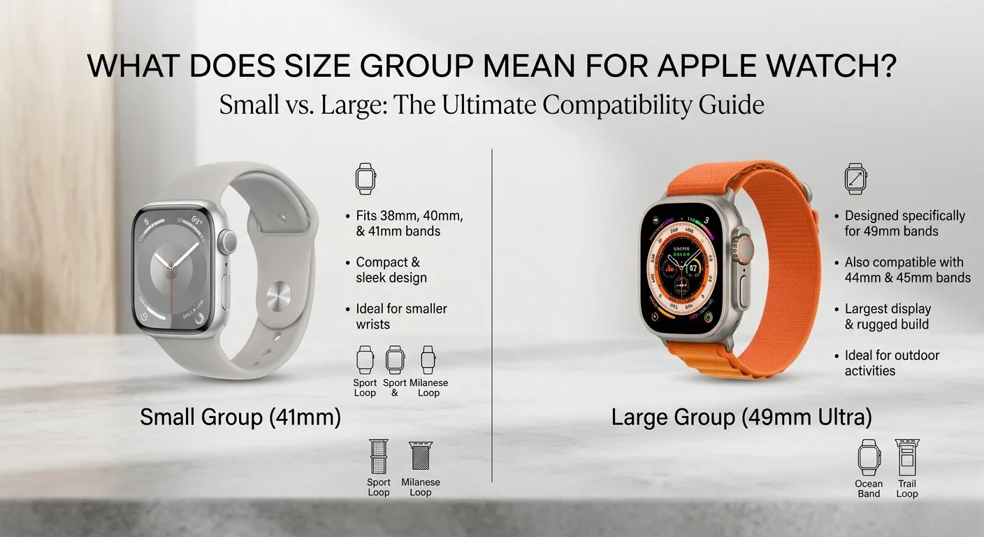 Apple Watch size groups comparison showing small and large band connectors for all series.