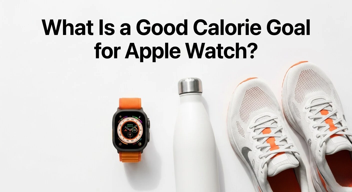 Professional Apple Watch showing an active Move Ring on a minimalist fitness-themed background, 2026 calorie goal guide.