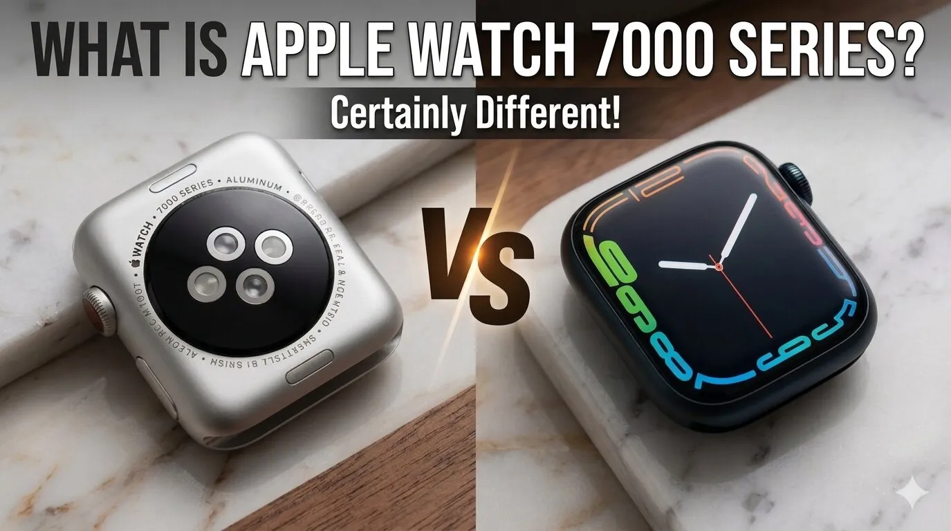Apple Watch 7000 series back engraving vs Apple Watch Series 7 display comparison.