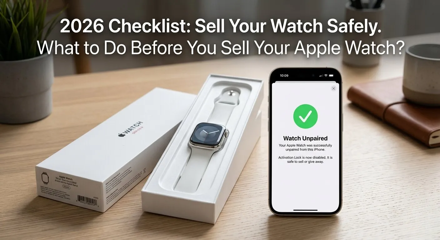 A complete Apple Watch resale kit including the original box, charging cable, and a paired iPhone showing a successful data backup.