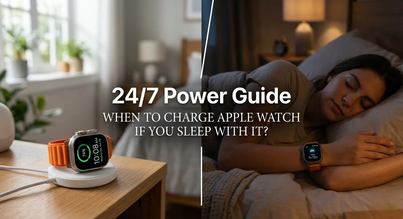 Top view of an Apple Watch Series 9 on a fast charger next to a person sleeping while wearing the watch, illustrating a 24/7 charging strategy.